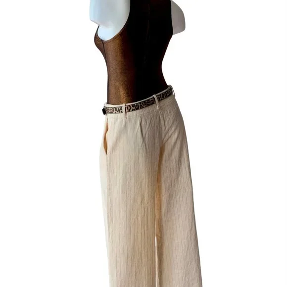 Bloomingdales pleated wide leg pinstripe cream linen pants trousers - size 6